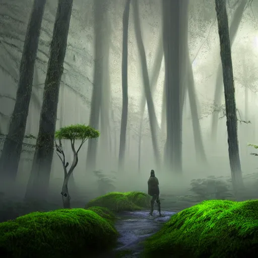 Image similar to Foggy forest with huge trees overgrown with moss and lianas, a hunter in combat wooden exoskeleton with chrome details walks between the roots. beautiful strange detailed painting 8k resolution deviantart trending on Artstation concept art digital illustration Unreal Engine VRay, lots of reflective surfaces, lots of reflective surfaces, subsurface scattering