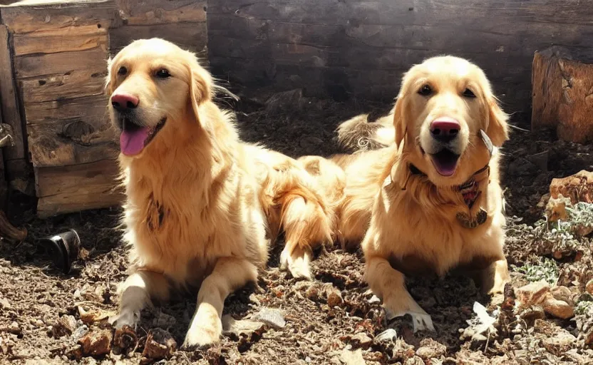 Prompt: photo of a golden retriever wearing old west clothes and western hat and finding gold nuggets in a mine