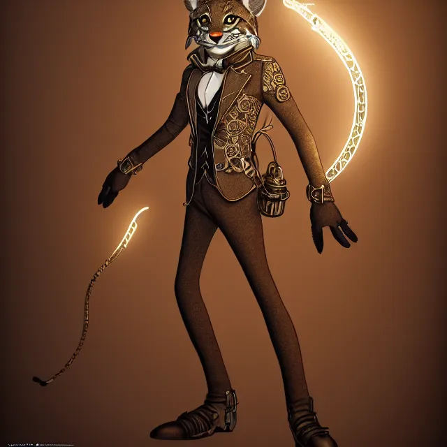 Prompt: the full body of anthropomorphic lynx fursona wearing a steampunk suit as unimaginably beautiful, gorgeous, elegant, young lynx, an ultrafine hyperdetailed illustration by furaffinity, intricate linework, white fur, unreal engine 5 highly rendered, global illumination, radiant light, detailed and intricate environment