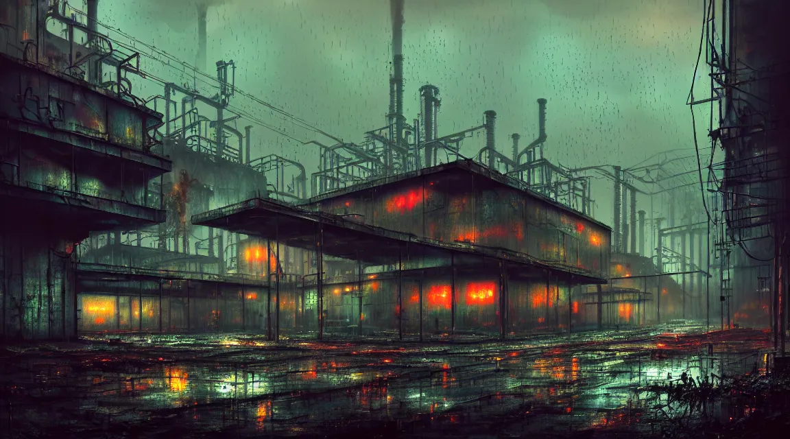 Prompt: post apocalyptic factory, raining, industrial architecture, by pascal blanche, neil blevins, thomas kinkade, apocalyptic color palette, trending on artstation, photorealistic, neon ambiance, ultra detailed, high definition, depth of field, bokeh, rubble, wild vegetation, blood stains, building crumbling
