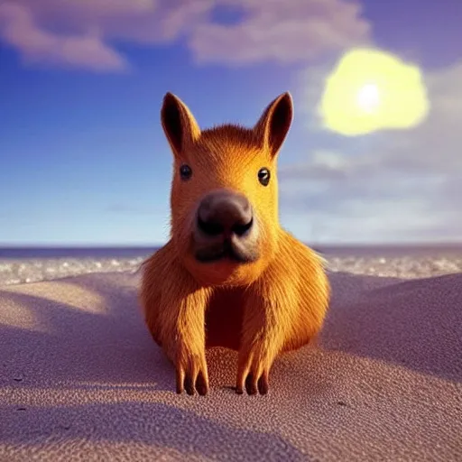 Image similar to “two best friend capybara and bunny with black spots on face and nose, on a beach with blue water and white sand, swaying palms, photorealistic render, colorful sunset, unreal engine 5, dynamic lighting, trending on artstation,”