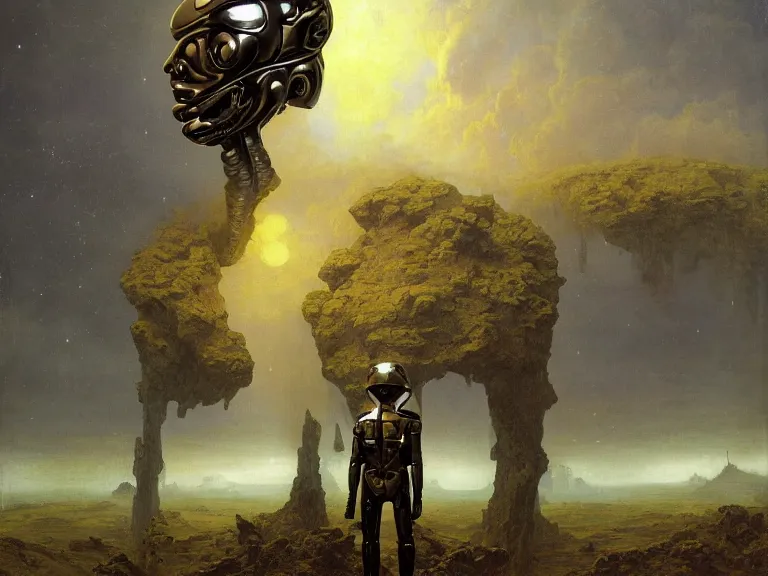 Image similar to a detailed profile oil painting of a humanoid soldier on an alien landscape with reflective visor, flight suit, portrait symmetrical and science fiction theme with aurora lighting by beksinski carl spitzweg and tuomas korpi. baroque elements, full-length view. baroque element. intricate artwork by caravaggio. Trending on artstation. 8k