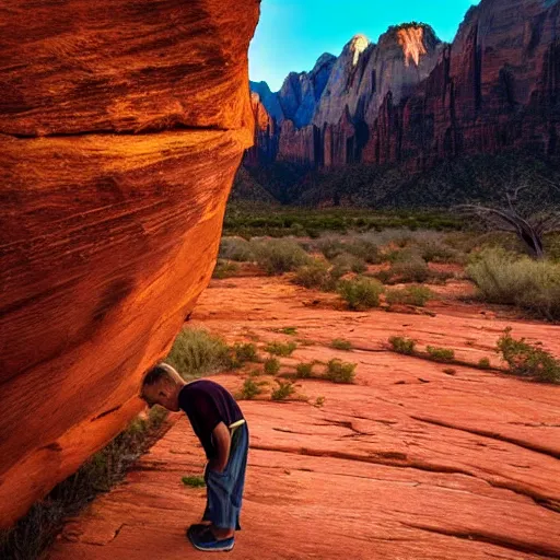 Prompt: award winning cinematic still of teenager boy praying in zion national park, rock formations, colorful sunset, epic, cinematic lighting, dramatic angle, heartwarming drama directed by Steven Spielberg