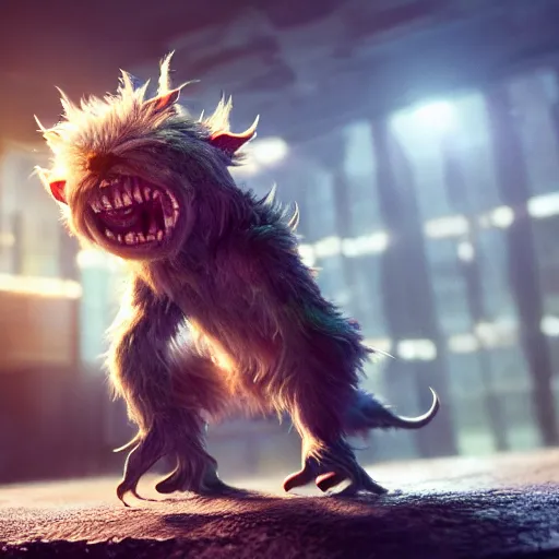 Image similar to full body pose, hyperrealistic photograph of a cute fuzzy goblin monster, dim volumetric lighting, 8 k, octane beautifully detailed render, extremely hyper detailed, intricate, epic composition, cinematic lighting, masterpiece, trending on artstation, very very detailed, stunning, hdr, smooth, sharp focus, high resolution, award, winning photo, dslr, 5 0 mm