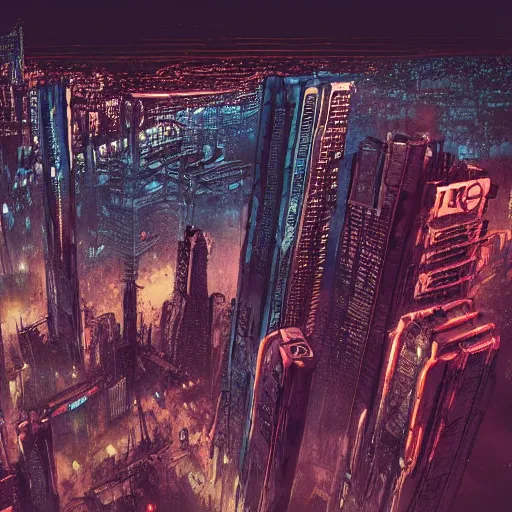 Prompt: elevated view of a grime grungy cyberpunk city of the future at night