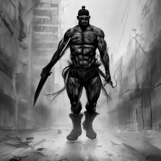 Prompt: black and white muscular demon man, wearing soldier uniform, holding bayonet knife exploring urban environment, concept art trending on art station 4k award-winning unreal engine