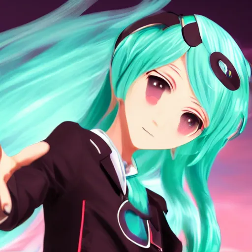 Image similar to hatsune miku smoking a vape pen in her right hand and holding up a peace sign in her left hand, smoke coming out of her mouth, artstation, 4 k