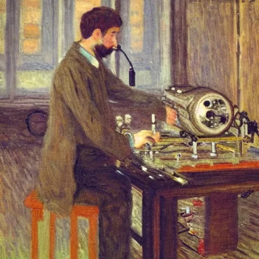 Image similar to a young man with brown hair and short beard building a robot in his lab in berlin by monet