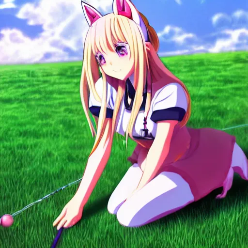 Prompt: 3 d photo of an anime girl with cat ears and long blond hair kneeling down, reaching over to grab grass bokeh, shader, anime art style, highly detailed, cel - shaded, colorful, animated, trending