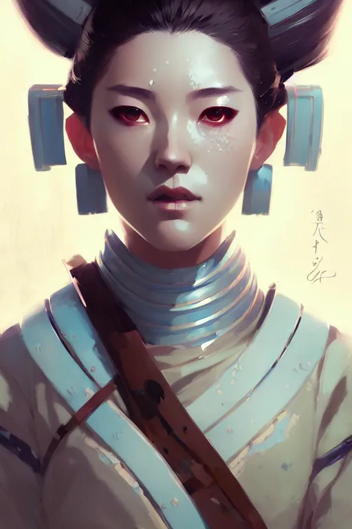 Prompt: portrait of a beautiful female immortal samurai in complex and shiny armor by atey ghailan, by greg rutkowski, by greg tocchini, by james gilleard, by joe fenton, by kaethe butcher, dynamic lighting, gradient light blue, brown, blonde cream and white color scheme, grunge aesthetic
