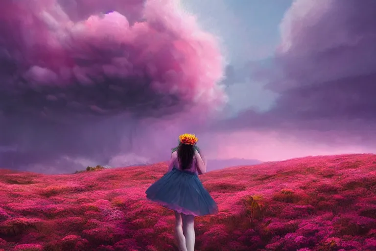 Image similar to giant dahlia flower crown under head, girl walking on mountain, surreal photography, pink storm clouds, dramatic light, impressionist painting, digital painting, artstation, simon stalenhag