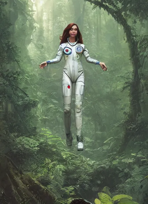 Prompt: a beautiful anatomically correct female sci-fi astronaut exploring a magical rain forest, D&D, fantasy, intricate, cinematic lighting, highly detailed, digital painting, artstation, concept art, smooth, sharp focus, illustration, art by Terry Moore and Greg Rutkowski and Alphonse Mucha