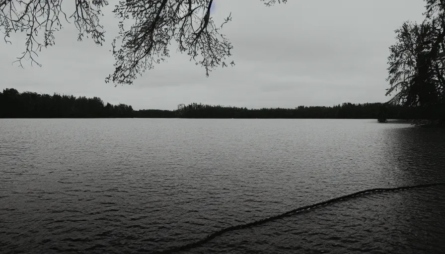 Image similar to photograph of an infinitely long chunky rope floating on the surface of the water, the rope is snaking from the foreground towards the center of the lake, a dark lake on a cloudy day, trees in the background, moody scene, anamorphic lens, kodak color film stock