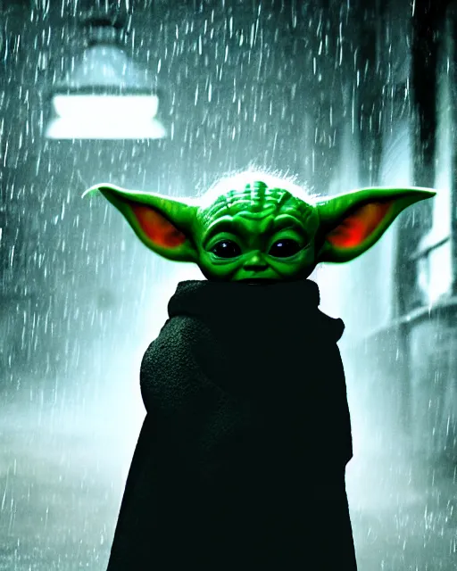 Image similar to epic closeup cinematic still of baby yoda wearing batman costume as batman in atmospheric rainy alleyway in the style of batman the dark knight rises, 8 k backlit, dramatic moonlight lighting, beautiful composition