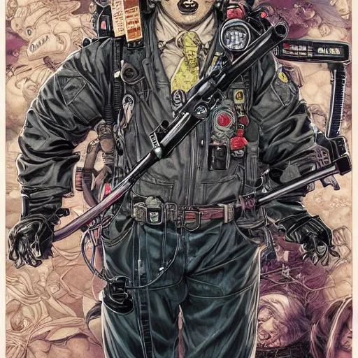 Prompt: portrait of crazy ghostbuster, symmetrical, by yoichi hatakenaka, masamune shirow, josan gonzales and dan mumford, ayami kojima, takato yamamoto, barclay shaw, karol bak, yukito kishiro