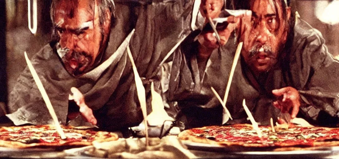 Image similar to scene from Kagemusha, 1980, movie still, cinematic, a chef using magic to make a pizza, epic,