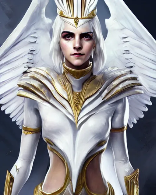 Prompt: perfect white haired egyptian queen emma watson wearing white dove wings warframe armor regal attractive ornate sultry beautiful dreamy digital art painted by wlop trend on artstation, movie key visual