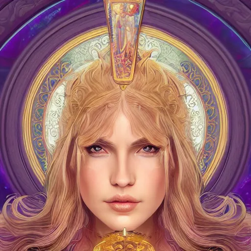 Image similar to head-on symmetrical centered painted portrait, warrior princess, voluminous blonde hair, art nouveau, fractal tarot card style, masterpiece, fantasy, intricate, elegant, highly detailed, smooth, sharp focus, illustration, artstation, in the style of Artgerm and Anna Podedworna and Alex Ross and Mucha