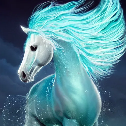 Image similar to a fantastical transparent small turquoise spirit horse made of water and foam and algae and ice, splashing water, wave, translucent, ethereal, noble, radiant, hyperalism, scottish folklore, digital painting, artstation, concept art, smooth, 8 k frostbite 3 engine, ultra detailed, art by artgerm and greg rutkowski and magali villeneuve