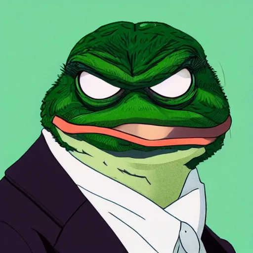 Image similar to high quality portrait of pepe meme. art by makoto shinkai, crunchyroll, pixiv, danbooru, hd, headshot, cinematic still, detailed anime face, bokeh, digital art, cel shading, vivid colors, ambient lighting