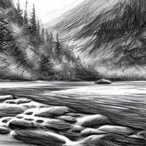 Prompt: a sketch of a crystal clear mountain river, no colors,