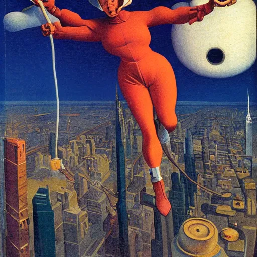 Image similar to yoked physique ultimate space villain super granny flies above new york city with her vacuum cleaner orwellian themes konstantin vasilyev grant wood jan van eyck john steuart curry