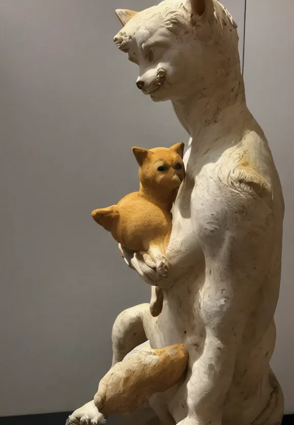 Image similar to ancient roman statue of a shiba inu inside an alien museum