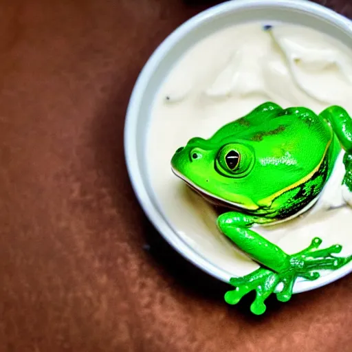 Prompt: a frog emerging from under bath of yogurt and milk