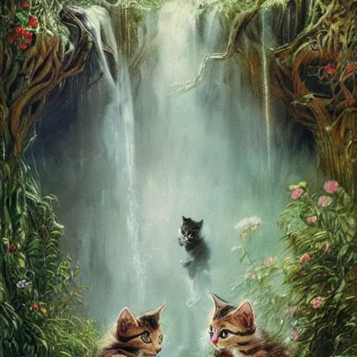 Prompt: two kittens watching the waterfall in the enchanted forest, fantasy, intricate, extremely detailed, face enhance, matte, artstation, art by louis wain, greg rutkowski