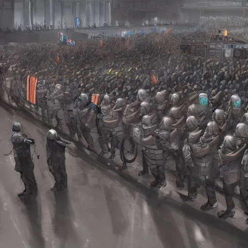 Image similar to police lined up, standing against the crowd of protesters, concept art, intricate details, highly professionally detailed, cgsociety, highly detailed -