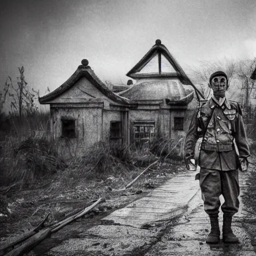 Image similar to horror movie about japanese world wae soldier ghost in abandoned town, realistic