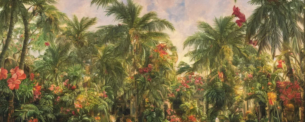 Image similar to a highly detailed oil painting of Tropical Flowers, a view from ground level: elegant, ornate, daytime. this is a beautifully lit scene.