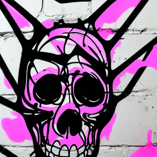 Image similar to a 3 d wireframe pink cartoon skull spray painted on a black background with dripping pink spray paint, three fourths view, graffiti, black background!!!!!, outline