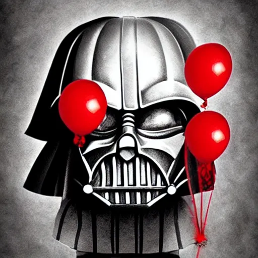 Prompt: surrealism grunge cartoon portrait sketch of darth vader with a wide smile and a red balloon by - michael karcz, loony toons style, freddy krueger style, horror theme, detailed, elegant, intricate