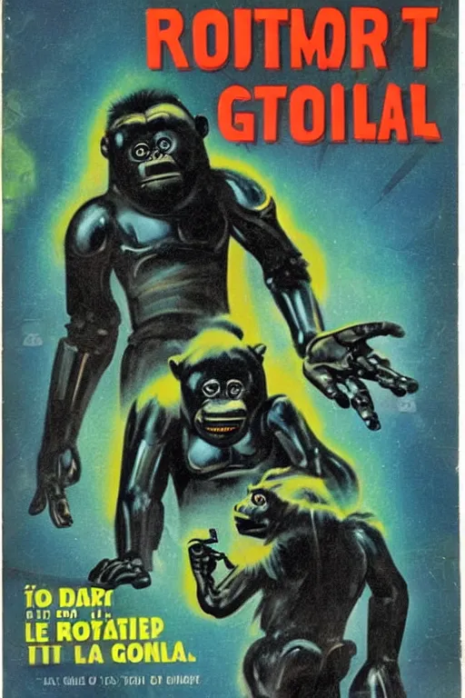 Prompt: a dark retro sci-fi paperback cover from 1967 showing a robot gorilla