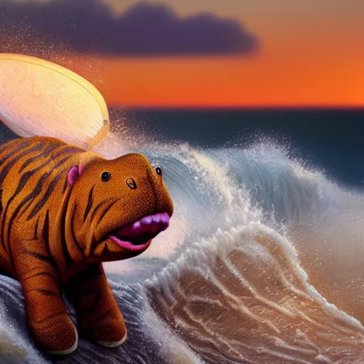 Image similar to a closeup photorealistic photograph of a cute smiling knitted tiger hippopotamus riding a large wave at sunset. surf in background. professional capture. brightly lit scene. this 4 k hd image is trending on artstation, featured on behance, well - rendered, extra crisp, features intricate detail, epic composition and the style of unreal engine.