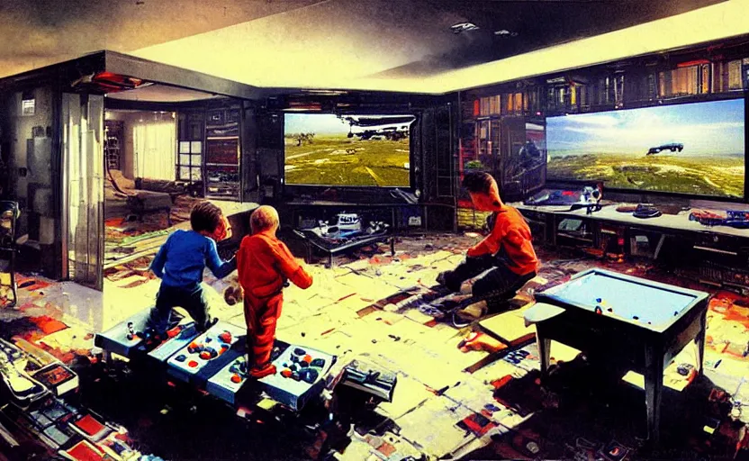 Prompt: two boys playing game at a spacious gaming room, hi - tech gaming setup, highly detailed interior, retro - futurism, illustration, art by john berkey