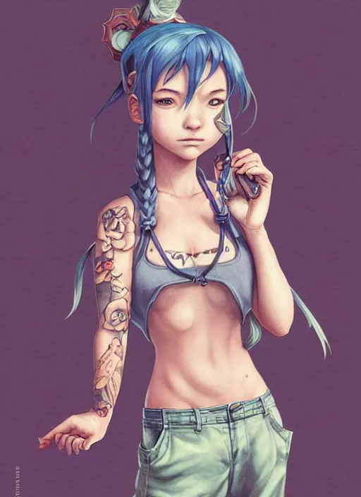 Prompt: character portrait of a female anthropmophic pig with a pigtail. She has a cute beautiful attractive detailed pig snout face wearing a tanktop and slacks standing outside a city tattoo parlor with arm tattoos. Character design by charlie bowater, ross tran, artgerm, and makoto shinkai, detailed, inked, western comic book art