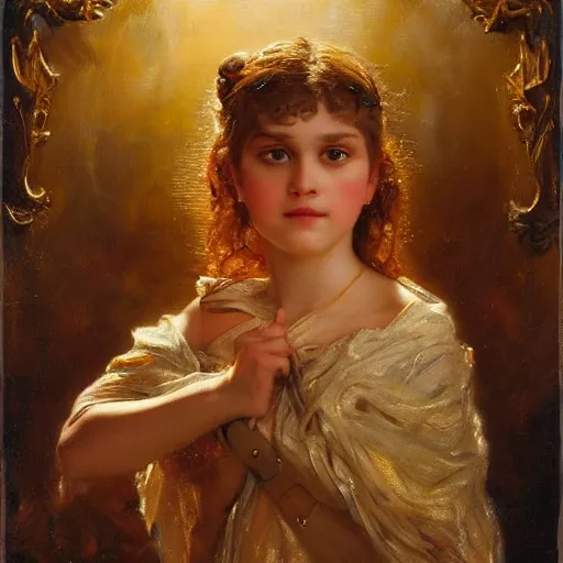 Image similar to portrait of a victorious young girl covered in blood in a golden light, highly detailed painting by gaston bussiere and j. c. leyendecker 8 k