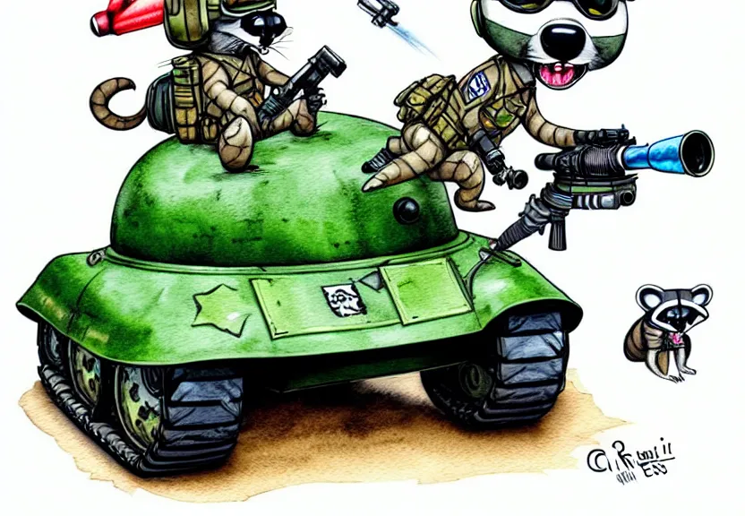 Prompt: cute and funny, racoon wearing army helmet riding in a tiny t 1 4 tank with large cannon, ratfink style by ed roth, centered award winning watercolor pen illustration, isometric illustration by chihiro iwasaki, edited by range murata