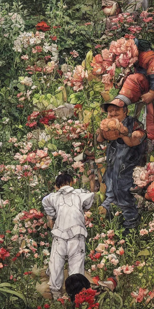 Image similar to oil painting scene from blooming gardeners by kim jung gi