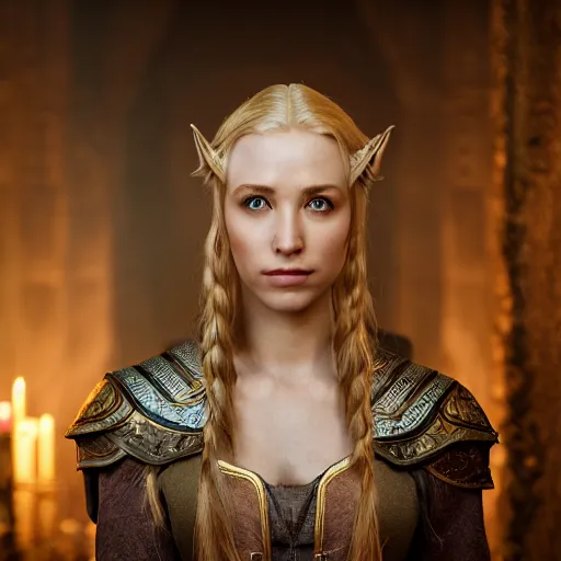 Image similar to the elder scrolls vi, charismatic regal blonde high elf female jarl, portrait, throne room, atmospheric lighting, painted, intricate, volumetric lighting, beautiful, daytime, sunny weather, slight overcast, sharp focus, deep colours, ultra detailed, by leesha hannigan, ross tran, thierry doizon, kai carpenter, ignacio fernandez rios