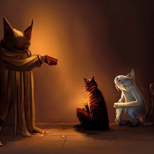 Image similar to concept art, devil offers money to a cat, high quality, detailed, eerie atmospher