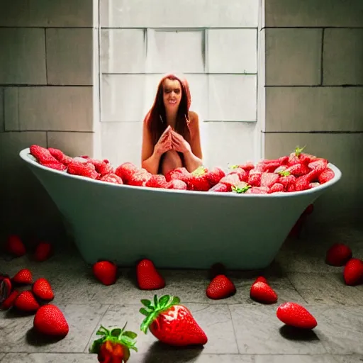 Prompt: bath filled with strawberries, woman sitting inside