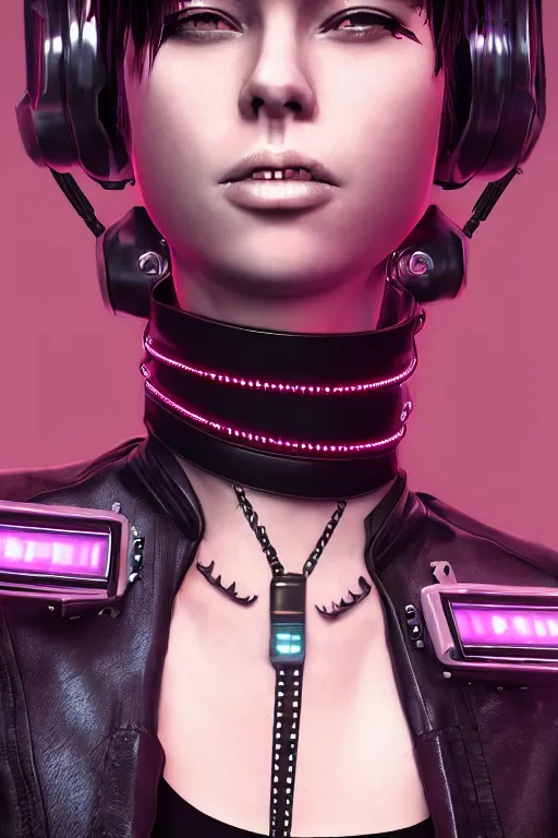 Image similar to detailed realistic female rock star cyberpunk wearing thick technological collar around neck, realistic, art, beautiful, 4K, collar, choker, collar around neck, punk, artstation, detailed, female, woman, choker, cyberpunk, neon, punk, collar, choker, collar around neck, thick collar, tight around neck, punk,