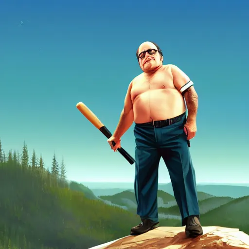 Prompt: Danny Devito at the top of a mountain, scenic view, holding a baseball bat!!, digital art, gta 5 cover art, trending on artstation