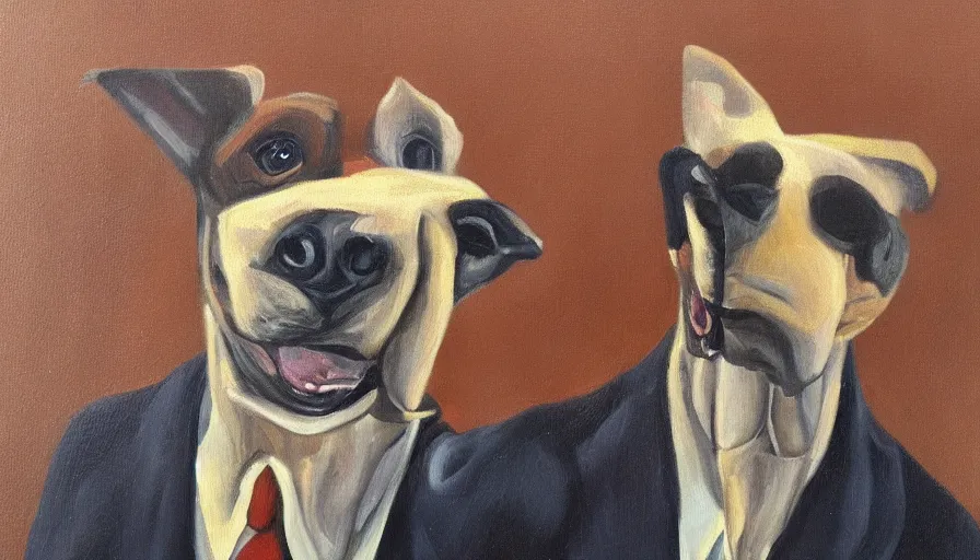 Image similar to a muscular humanoid dog in a suit, oil painting