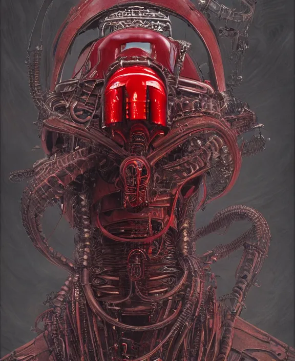 Image similar to a red steampunk darth vader with mechanical tendrils resembling spinal columns extending from his body, by HR Giger and Beksiński and Stephan Martiniere , 4k resolution, detailed, trending on artstation