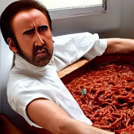 Image similar to nicolas cage sitting in a tub filled with spaghetti bolognese