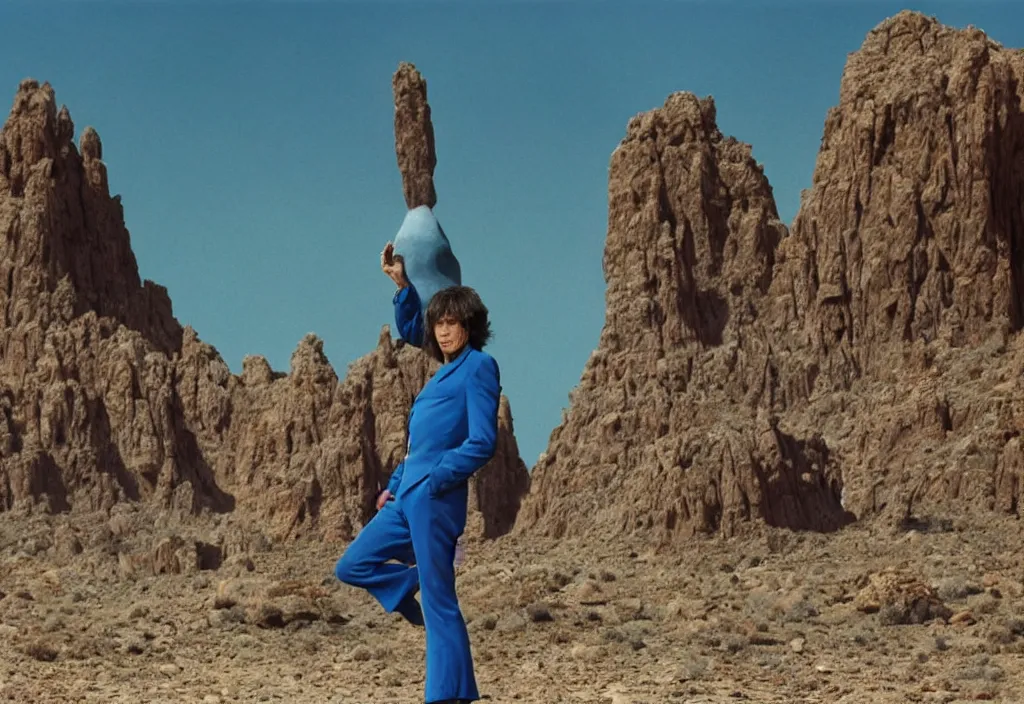 Image similar to mick jagger dressed in blue costume with jewels in a dry rocky desert landscape with ultradetailed alien complex city designed by giger and giant alien spaceship in the background, by christopher doyle and alejandro jodorowsky and giger, anamorphic lens, kodakchrome, cinematic composition, masterpiece, 8 k